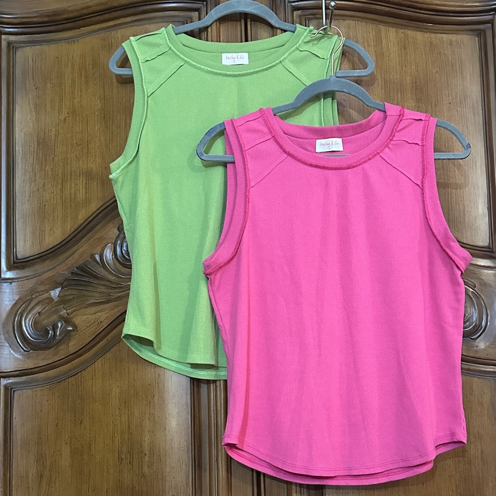 SetofTwo Bundle Neon Pink Neon Green Sleeveless Ribbed Detailed Tank Tops Large